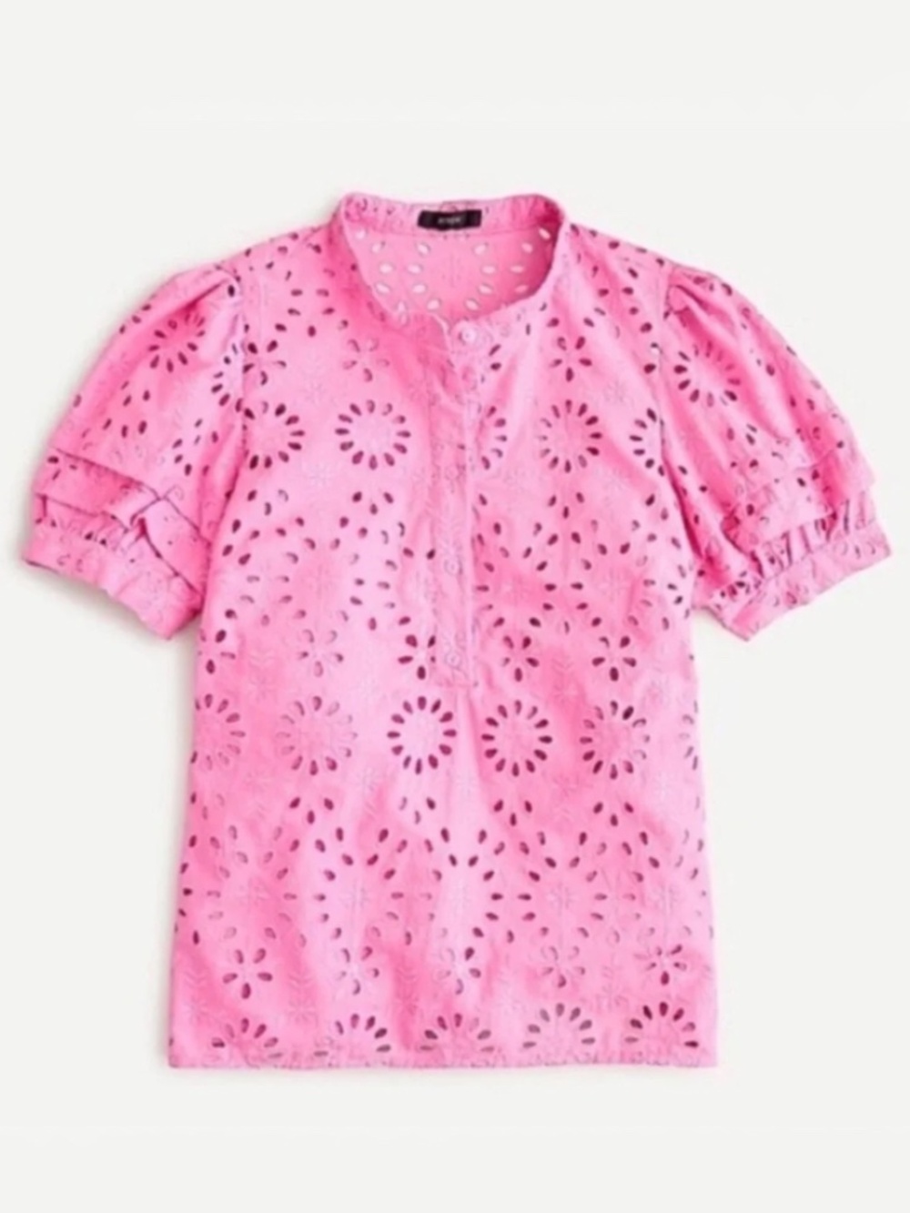 J. Crew Women’s Eyelet Ruffle Sleeve Hot Pink Blouse Top Sz M